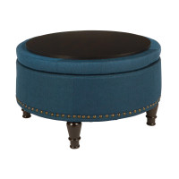 OSP Home Furnishings BP-AUOT32-K14 Augusta Round Storage Ottoman in Klein Azure Fabric  with decorative nailheads